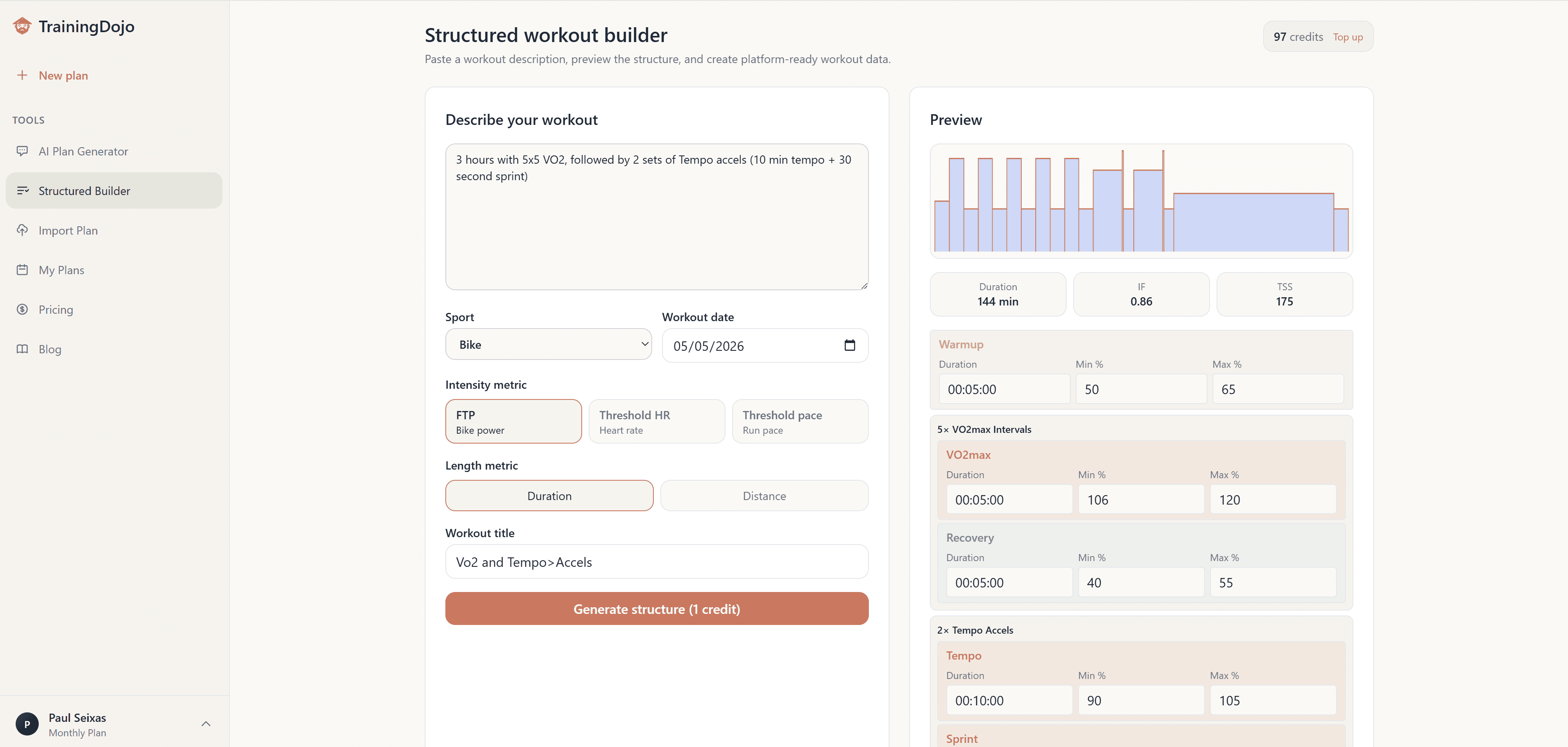 TrainingDojo structured workout builder preview